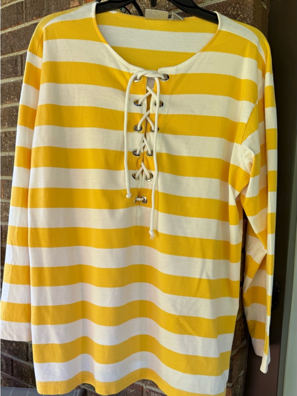 Chico's Yellow and White Striped Lace-Up Long Sleeve Tee
